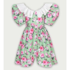 Mukzin Floral Puff Sleeve Dress with Ruffle Collar and pearls